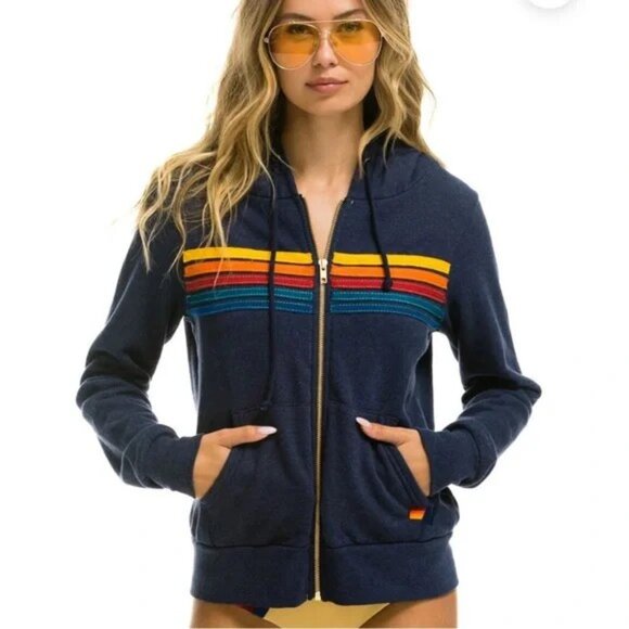 1. Aviator Nation 5 Stripe Hoodie In Navy - Picture 4 of 7